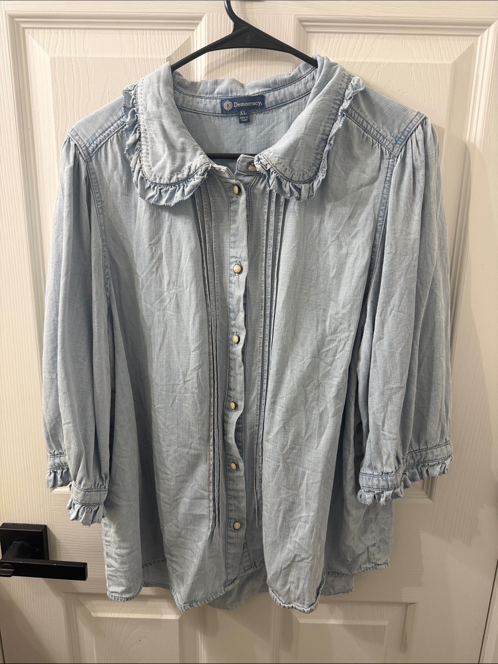 Democracy Light Blue Ruffle Collar Button-Front Shirt